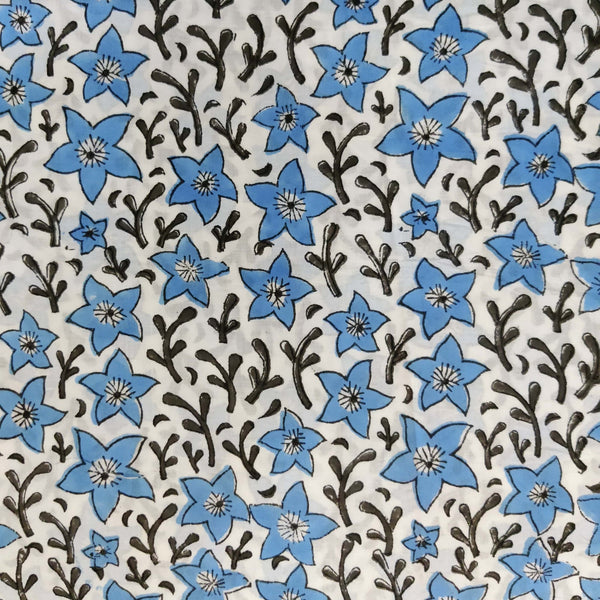 Pre-Cut 2 Meters Pure Cotton White Jaipuri With Blue Flowers Jaal Hand Block Print Fabric