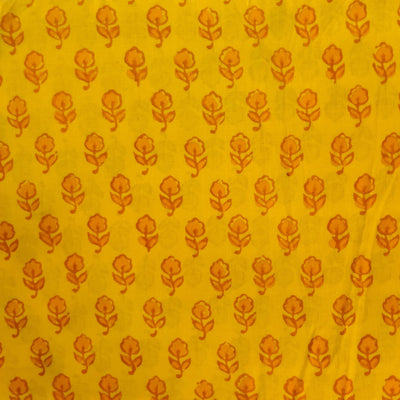 Pre- Cut 2 Meters Pure Cotton Yellow Dabu Chemical Plant Hand Block Printed Fabric