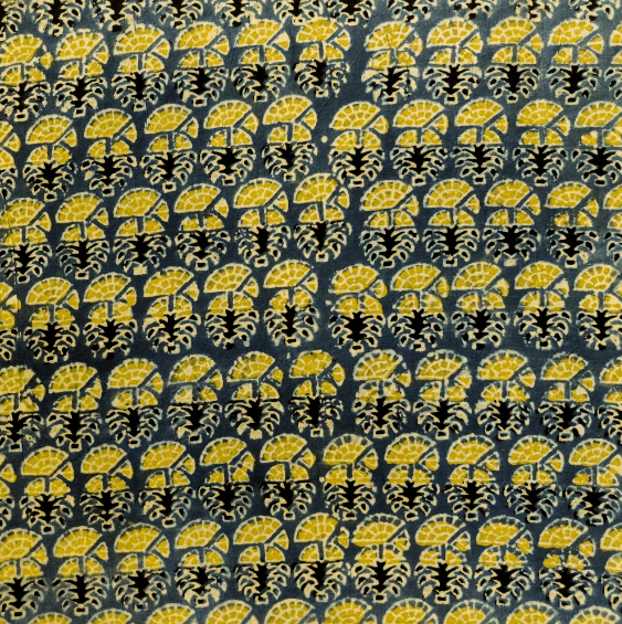 Pre-Cut 1.70 Meters Pure Cotton Ajrak Blue With All Over Abstract Green Flowers Hand Block Print Fabric