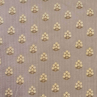 Pure Cotton Kaatha English Grey With Tiny Gold And Cream Plant Motif Hand Block Print Fabric