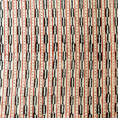 Pre-cut 1.40 Meters Pure Cotton Dabu Beige With Tribal Black And Maroon Stripes Hand Block Print Fabric