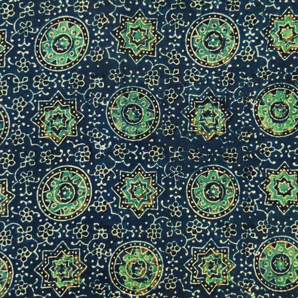Pre-cut 2.40 meters Pure Cotton Ajrak Blue With Green Concentric Circle Tile Hand Block Print Fabric