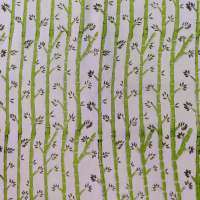 Pre Cut 1.90 meter Pure Cotton White With Green Bamboo Hand Block Print Fabric