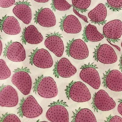 Precut 1.30 Meters Pure Cotton Jaipuri White With Pastel Burgandy Strawberry Hand Block Print Fabric