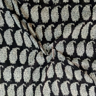 Precut 1.30 Metes Pure Mul Cotton Black Kalamkari With Kairi Hand Block Print Fabric