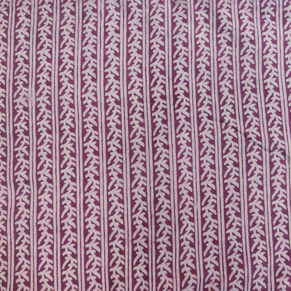 Precut 1.5 Meter Pure Cotton Dabu Mauve With Leafy Creeper Stripes Hand Block Print Fabric