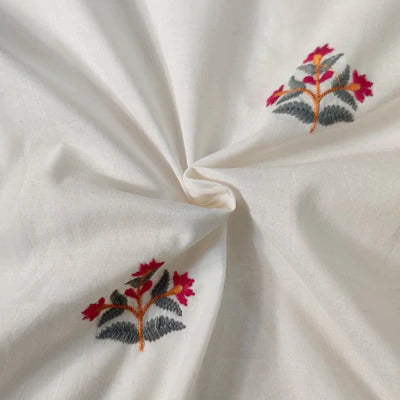 Pre cut 1.80 meter Pure Cotton Cream With Grey Mustard Pink Three Flower Plant Embroiedered Fabric