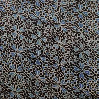 Precut 2.20 Meters Pure Cotton Double Ajrak Black With Blue Flower Tiles Hand Block Print Fabric