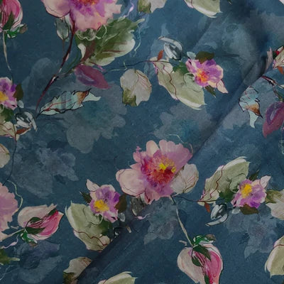 Precut 2 Meters Surat Cotton Light Teal Blue With Vintage Flowers Abstract Digital Print