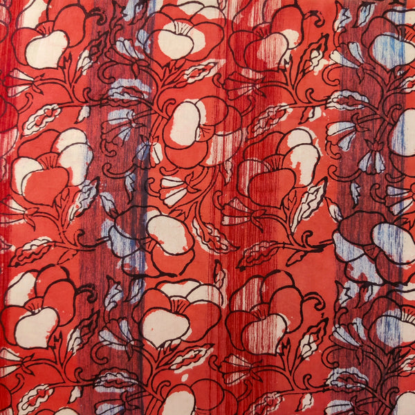 Precut ( 1.55 Meter ) Pure Cotton Double Dabu Red With Floral Jaal And Textured Stripes Hand Block Print Fabric