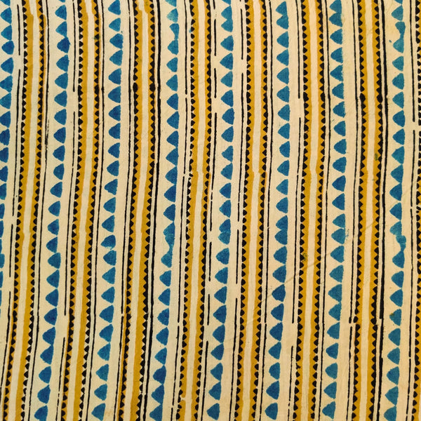 Precut ( 1.5 Meter ) Pure Cotton Ajrak Cream With Tribal Stripes Motif Hand Block Print Fabric