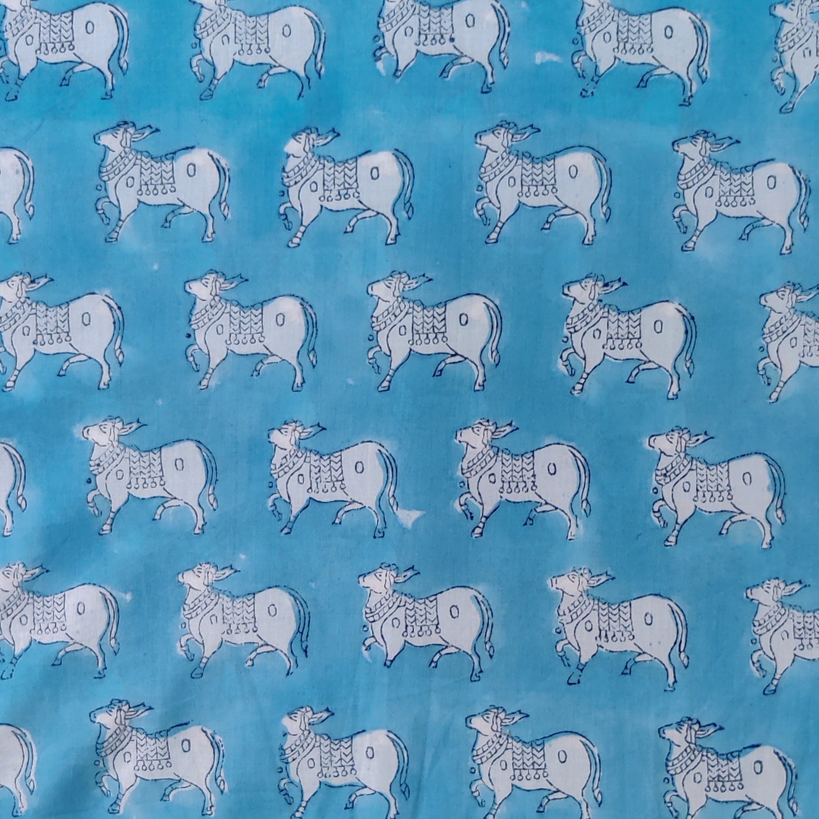 Precut ( 1.90 Meter ) Pure Cotton Jaipuri Light Blue With Moo Hand Blo ...