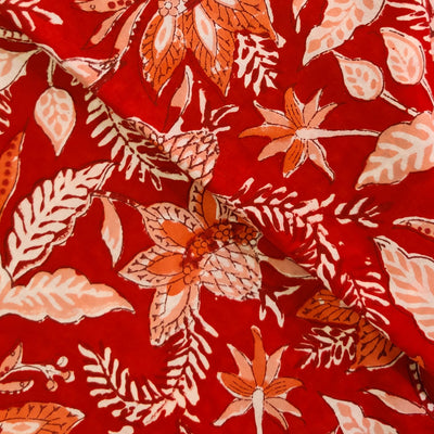 Pure Cotton Jaipuri Red With Light Orange And White Jaal Hand Block Print Fabric