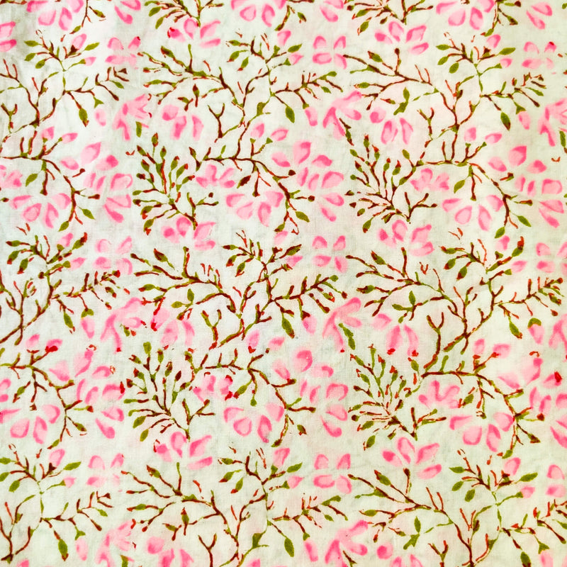 Pure Jaipuri Cotton With Pink Petal Flower Jaal Hand Block Print Fabric