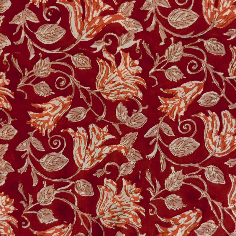 Pure Cotton Jaipuri Red With Orange Lily Jaal Hand Block Print Fabric