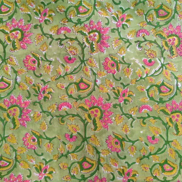 Pure Coton Jaipuri Green With Pink And Yellow Flower Jaal Hand Block Print Fabric