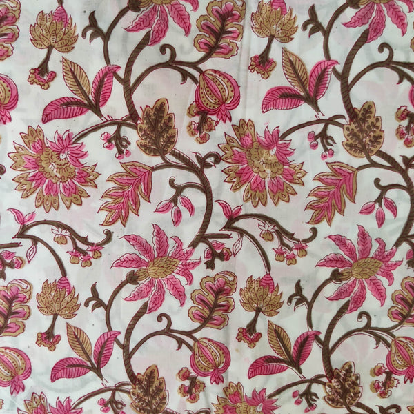 Pure Coton Jaipuri White With Pink Brown Wild Flower Jaal Hand Block Prit Fabric