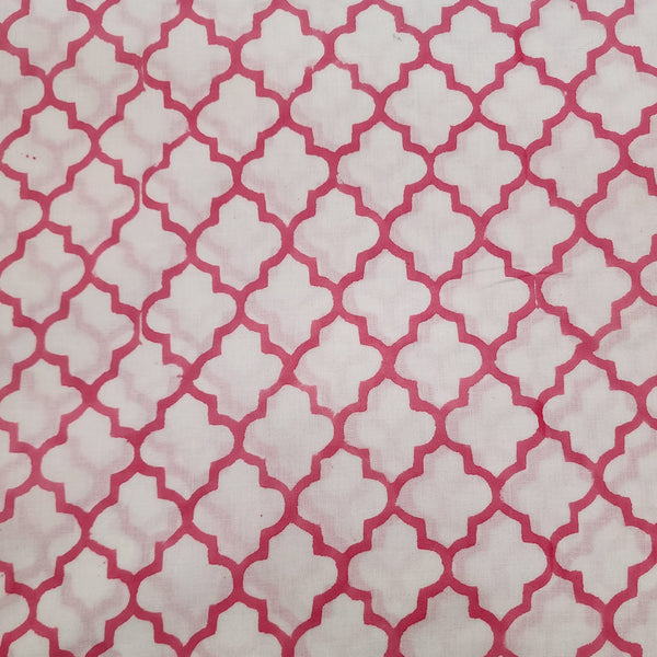 Pure Cottn Jaipuri White With Pink Jaali Hand Block Print Fabric