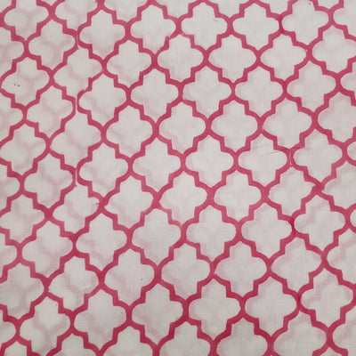 Pure Cottn Jaipuri White With Pink Jaali Hand Block Print Fabric