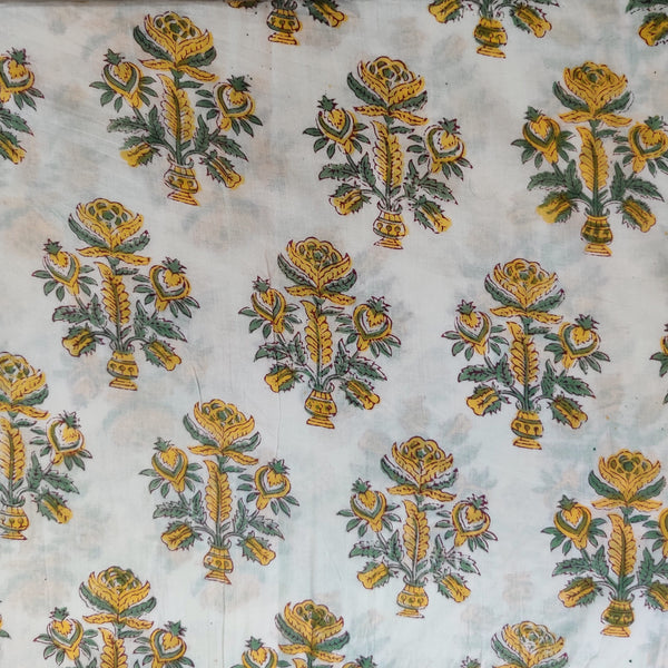 Pure Cottn Jaipuri Whiye With Yellow Grey Mughal Motifs Hand Block Print Fabric