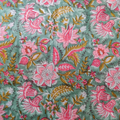 Pure Cotto Jaipuri Ocean Green With Pink Wild Flower Jaal Hand Block Print Fabric