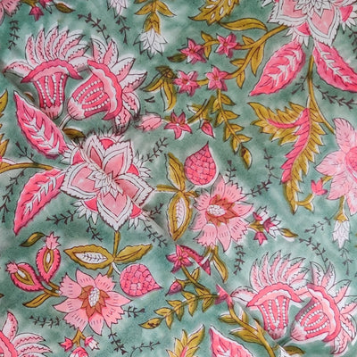 Pure Cotto Jaipuri Ocean Green With Pink Wild Flower Jaal Hand Block Print Fabric
