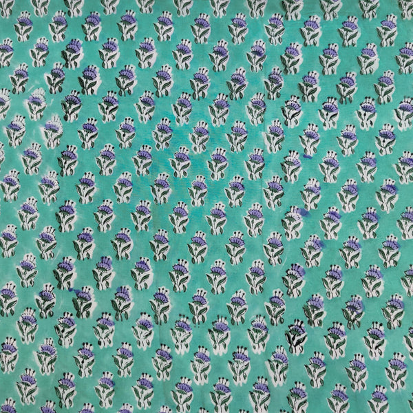 Pure Cotton  Jaipuri Teal Green With Tiny Blue Motifs Hand Block Print Fabric