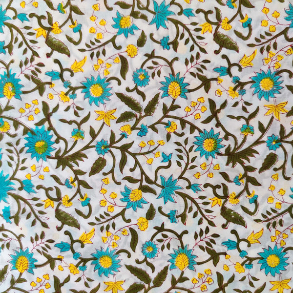 Pure Cotto Jaipuri White With Blue Yellow Jaal Hand Block Print Fabric