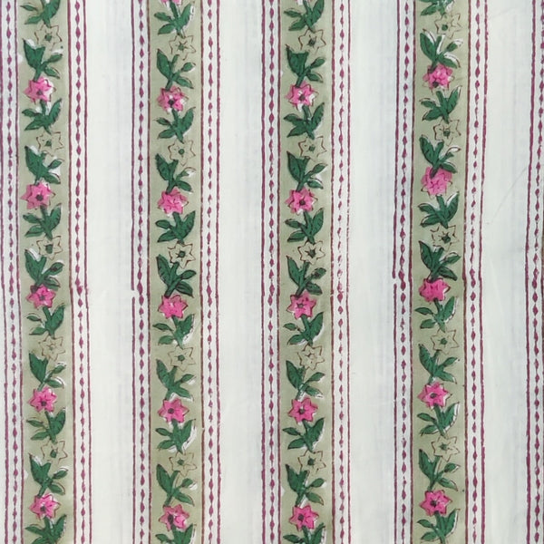 Pure Cotto Jaipuri White With Green Pink Border Stripes Hand Block Print Fabric