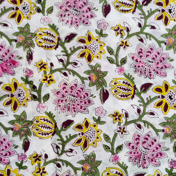 Pure Cotto Jaipuri White With Pink Yellow Green Wild Flower Jaal Hand Block Print Fabric