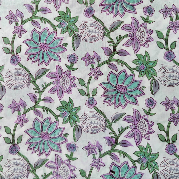 Pure Cotto Jaipuri White With Teal Purple Green Wild Flower Jaal Hand Block Print Fabric