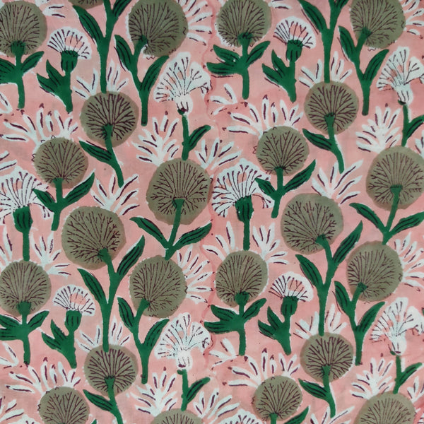 Pure Cotto Peach With Brown Grass Hand Block Print Fabric