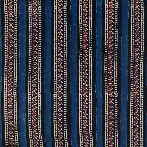 Pre-cut 1.80 meter Pure Cotton Double  Ajrak Black And Blue Intricate Stripes Hand Block Print Fabric