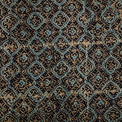Pure Cotton Ajrak Black Brown With Curvy Star Tile Hand Block Print Fabric