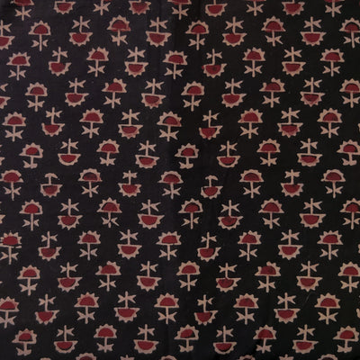 Pure Cotton Ajrak Black Vegetable Dyed With Cream Rust Flower Hand Block Print Fabric