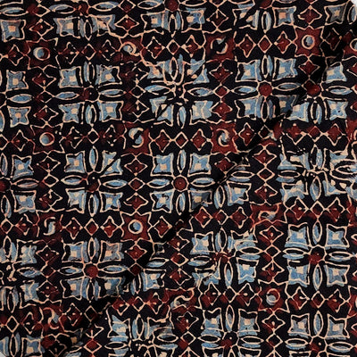 Pure Cotton Ajrak Black With Blue And Rust Diagonal All Over Pattern Hand Block Print Fabric