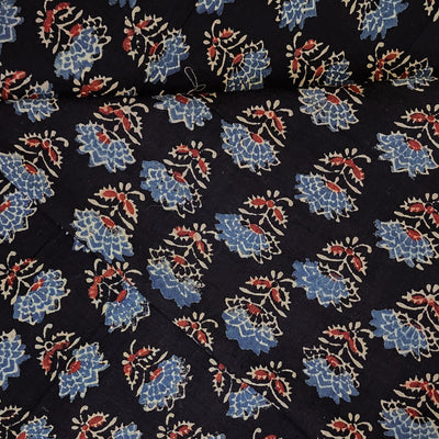 Pure Cotton Ajrak Black With Blue And Rust Flower Motif Jaal Hand Block Print Fabric