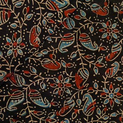 Pure Cotton Ajrak Black With Blue And Rust Kairi Jaal Hand Block Print Fabric