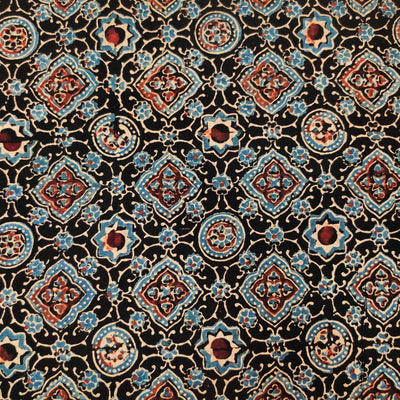 Pure Cotton Ajrak Black With Blue And Rust Tiles Hand Block Print Blouse Fabric (90 cm)