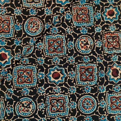 Pure Cotton Ajrak Black With Blue And Rust Tiles Hand Block Print Blouse Fabric (90 cm)