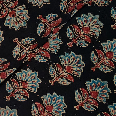 Pure Cotton Ajrak Black With Blue Big Flower Hand Block Print Fabric