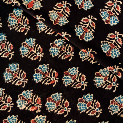 Pure Cotton Ajrak Black With Blue Flower Hand Block Print Fabric