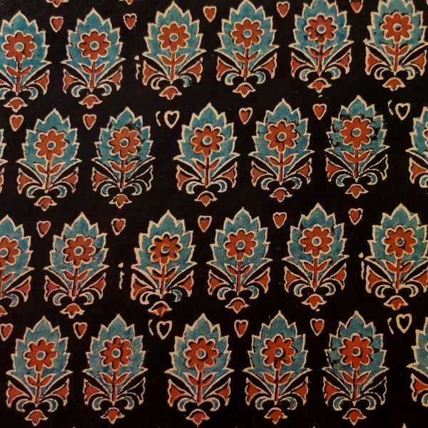 Precut 1.55 Meter Pure Cotton Ajrak Black With Blue Intricate Beautiful Motif Hand Block Print Fabric
