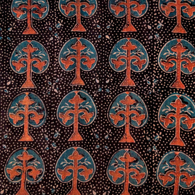 Pure Cotton Ajrak Black With Blue Intricate Tree Motif Hand Block Print blouse Fabric ( 0.90 meter )