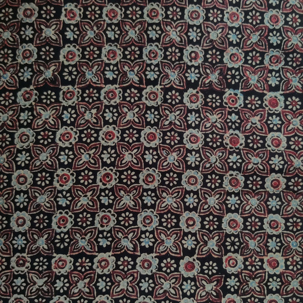 Pre-cut 2 meter Pure Cotton Ajrak Black With Blue Red All Over Pattern Hand Block Print Fabric