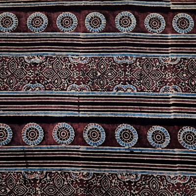 Pure Cotton Ajrak Black With Chakra Tile Stripes Border Hand Block Print Fabric