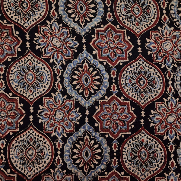 Pure Cotton Ajrak Black With Curvy All Over Pattern Hand Block Print Fabric