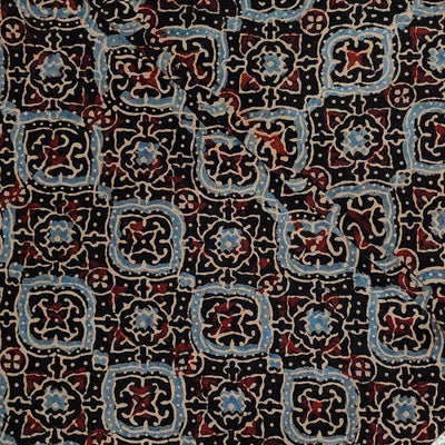 Pure Cotton Ajrak Black With Curvy Star Tile Hand Block Print Fabric