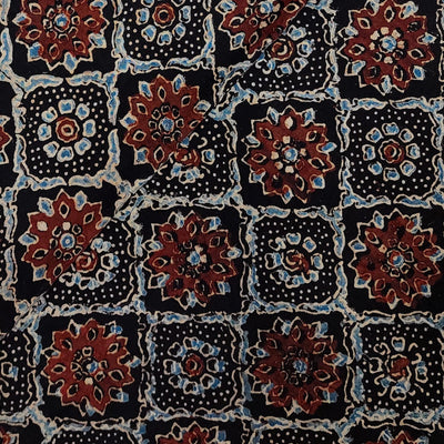 Pure Cotton Ajrak Black With Diagonal Mesh Flowers Motifs Hand Block Print Fabric