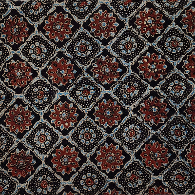 Pure Cotton Ajrak Black With Diagonal Mesh Flowers Motifs Hand Block Print Fabric